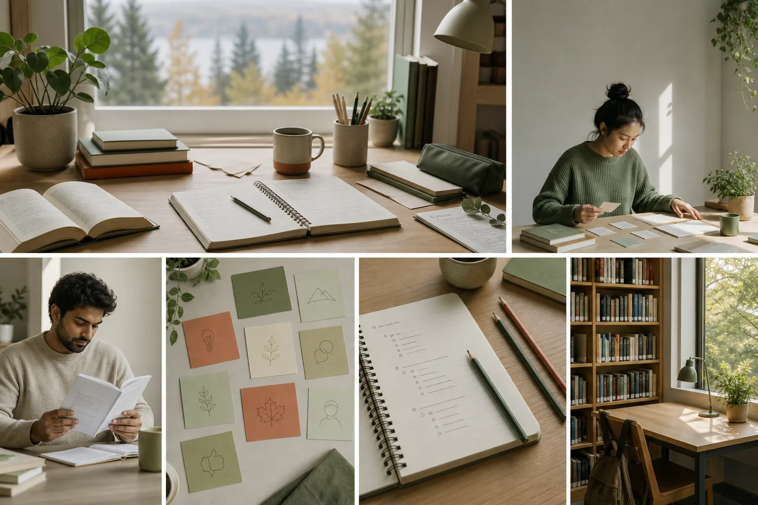 Wide view of notebooks, reference books and study planning materials