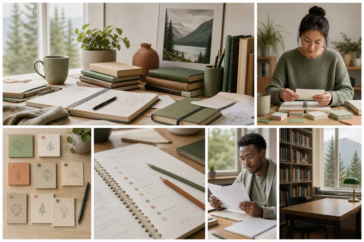 Writer reviewing a printed study guide beside handwritten notes